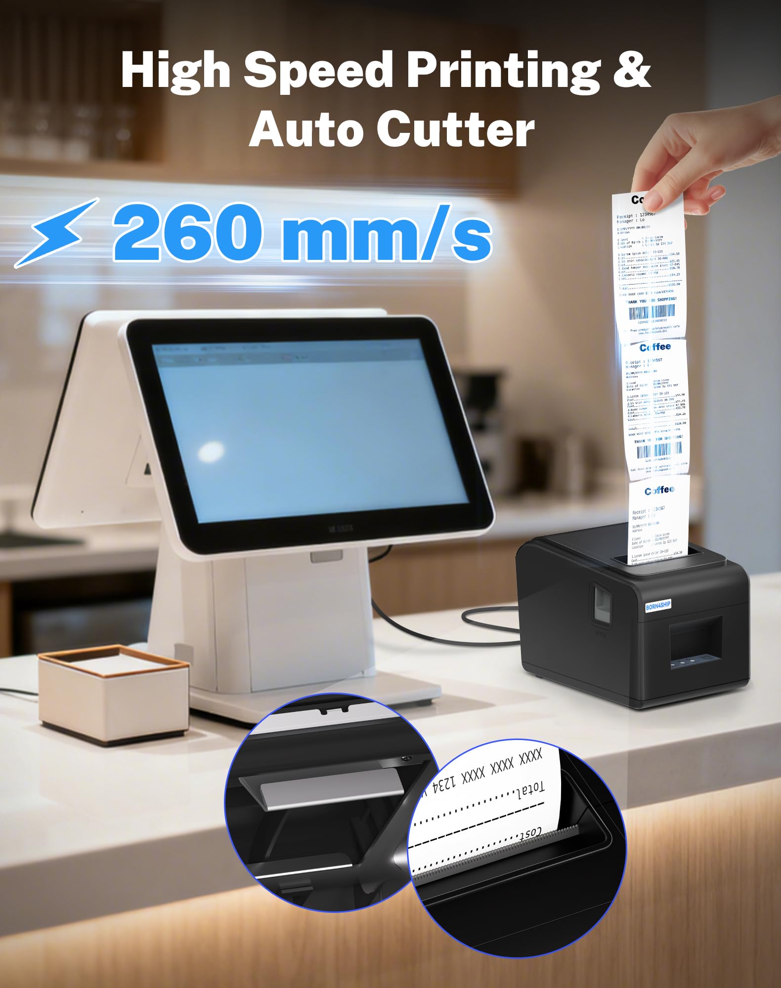 Impresora de Recibo Térmica, 80mm POS Impresora de Ticket Térmica con Puerto USB Ethernet Serial - Corte Automático – Compatible con Win, Mac, Linux, V330M,Negro Profundo