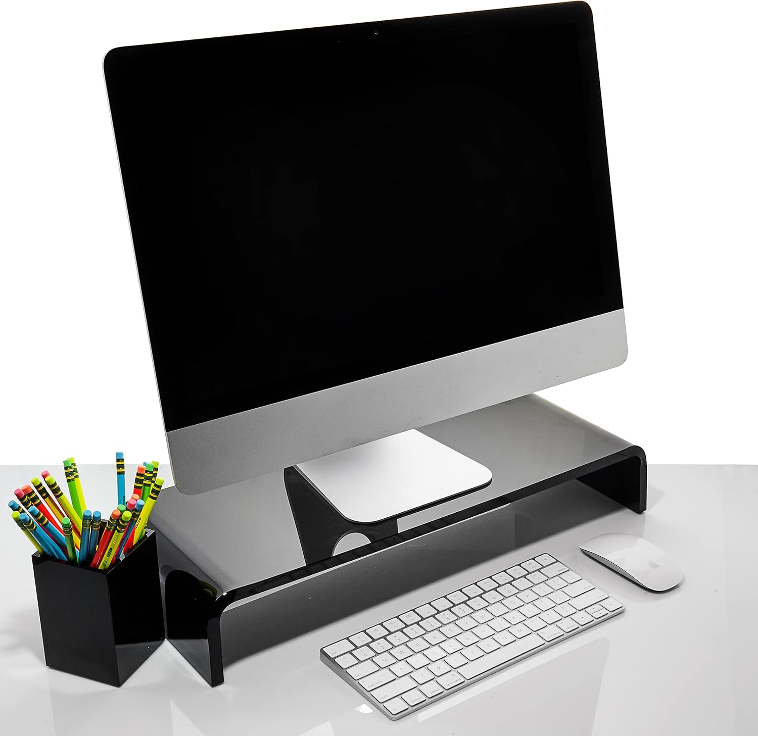 Acrylic Monitor Stand with Matching Pen Holder, 12mm Thick Clear Acrylic Monitor Riser, Laptop Stand for Home, Office, and Work. Computer Desk Riser with Keyboard Storage for LCD LED TV Screen (Black)