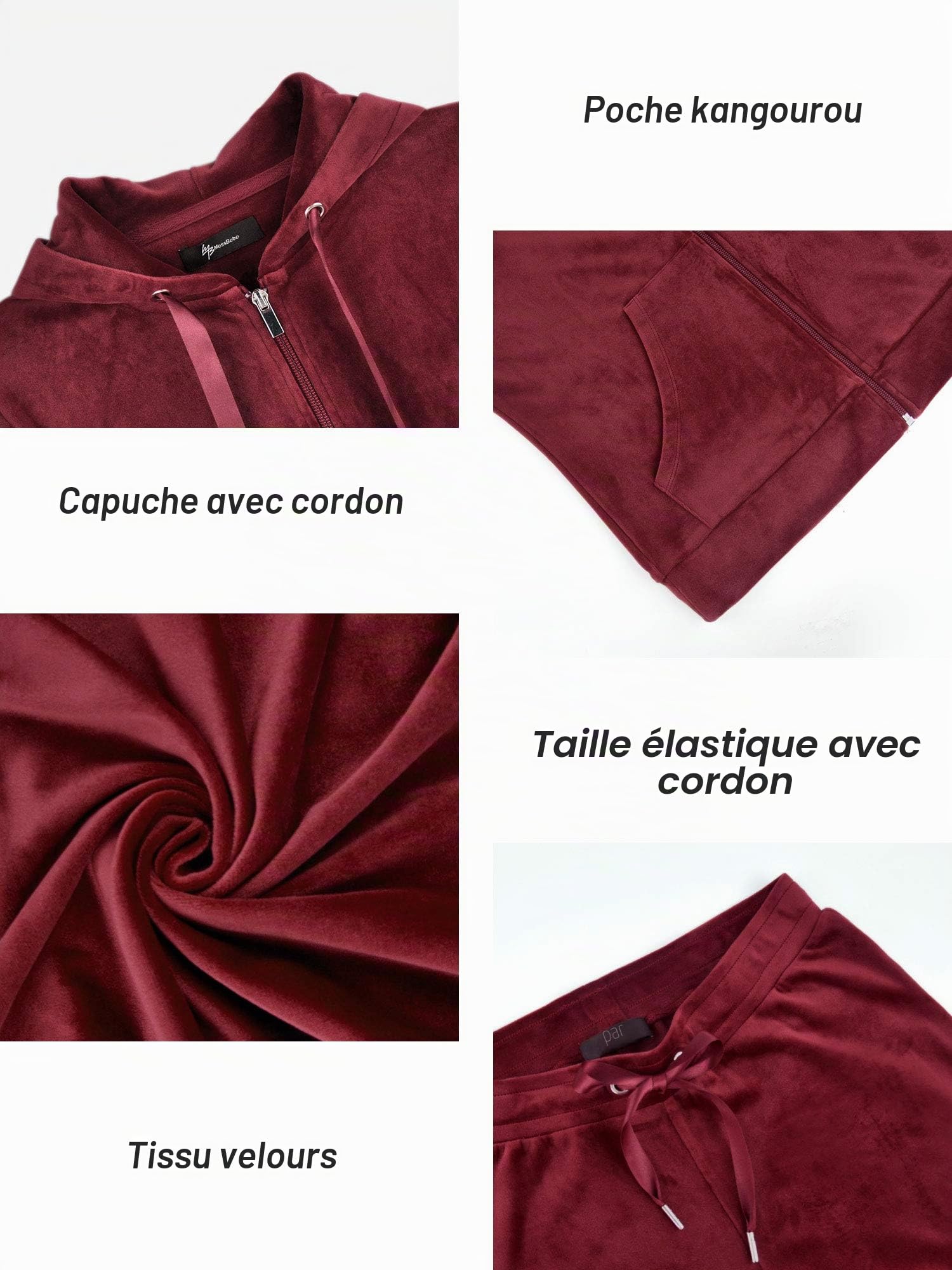 MessBebe Ensemble de survêtement 2 pièces en velours pour femme avec capuche et pantalon à manches longues