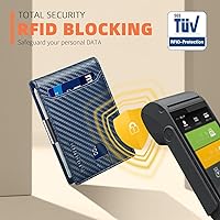 Vista 4 de RUNBOX Billeteras de hombre Slim RFID Bloqueo de dinero Clip de cuero con caja de regalo, Azul carbón, Moderno
