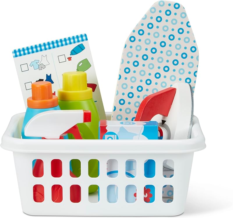 Laundry Basket Play Set with Wooden Iron, Ironing Board, and Accessories (14 Pcs) Pretend Play Laundry Set for Kids with Iron | 14 Pieces, Wooden Iron, Ironing Board, Storage Basket, Spray Bottle, Household Chores Play, Preschool Toys for Kids, Ages 3+