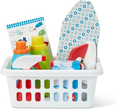 Melissa & Doug Laundry Basket Play Set with Wooden Iron, Ironing Board, and Accessories (14 Pcs) Pretend Play Laundry Set for Kids with Iron