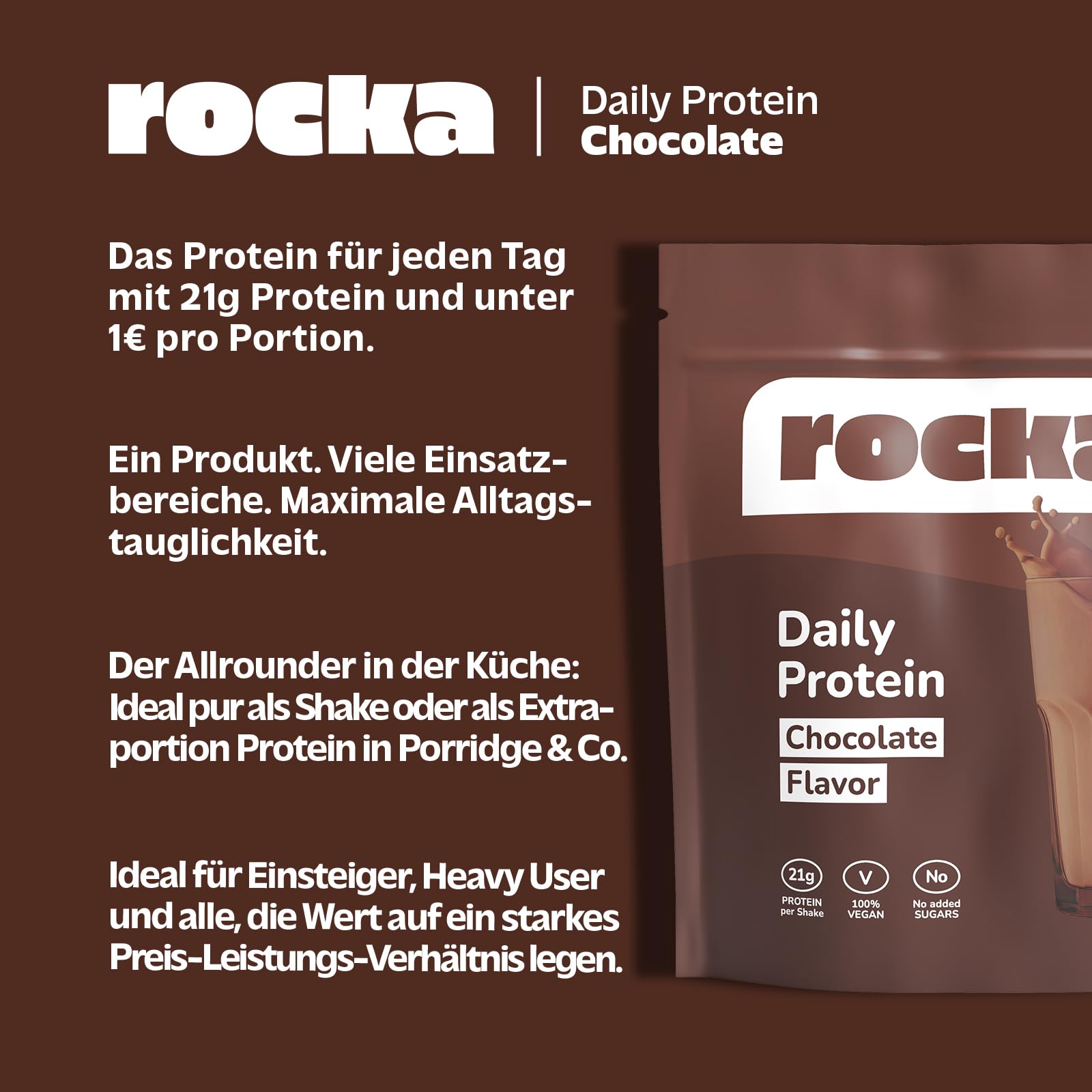 Rocka Nutrition Daily Protein veganes Proteinpulver | Pflanzliches Protein Pulver mit 21 g Protein pro Portion | Perfekt als Shake, im Porridge & für deine Lieblingsrezepte (1 kg, Chocolate)