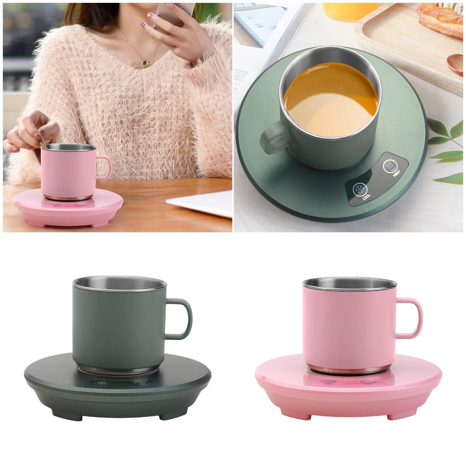 Calentador de Tazas portátil 55 °C con Temperatura Constante y botón de Calor frío, Calentador de café para Escritorio, Taza de Acero Inoxidable