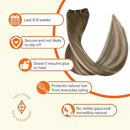 Miniatura 4 de Full Shine Trama de cabello humano real Remy, para extensiones cosidas, 3.70 oz (105 g). 18 pulgadas (45.72 cm), mezcla de castaño rojizo y rubio