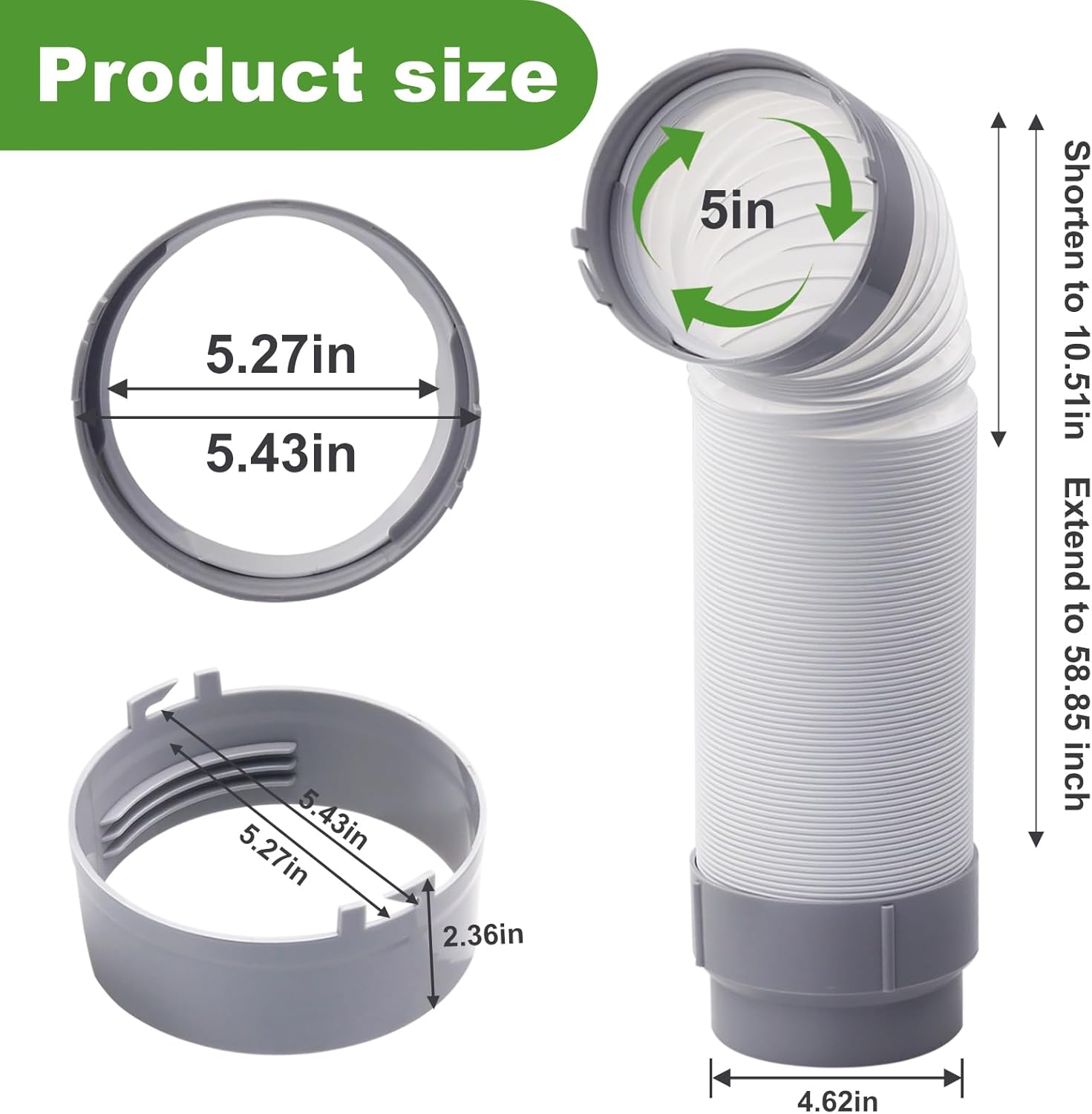 TL1854 5" Diameter Exhaust Hose Tube for Delonghi Portable Air Conditioner-Replaces Delonghi PACA140E PACC100EL PACC100 PACA110 PACCT90,44" length Include TL2667 Hose Connection
