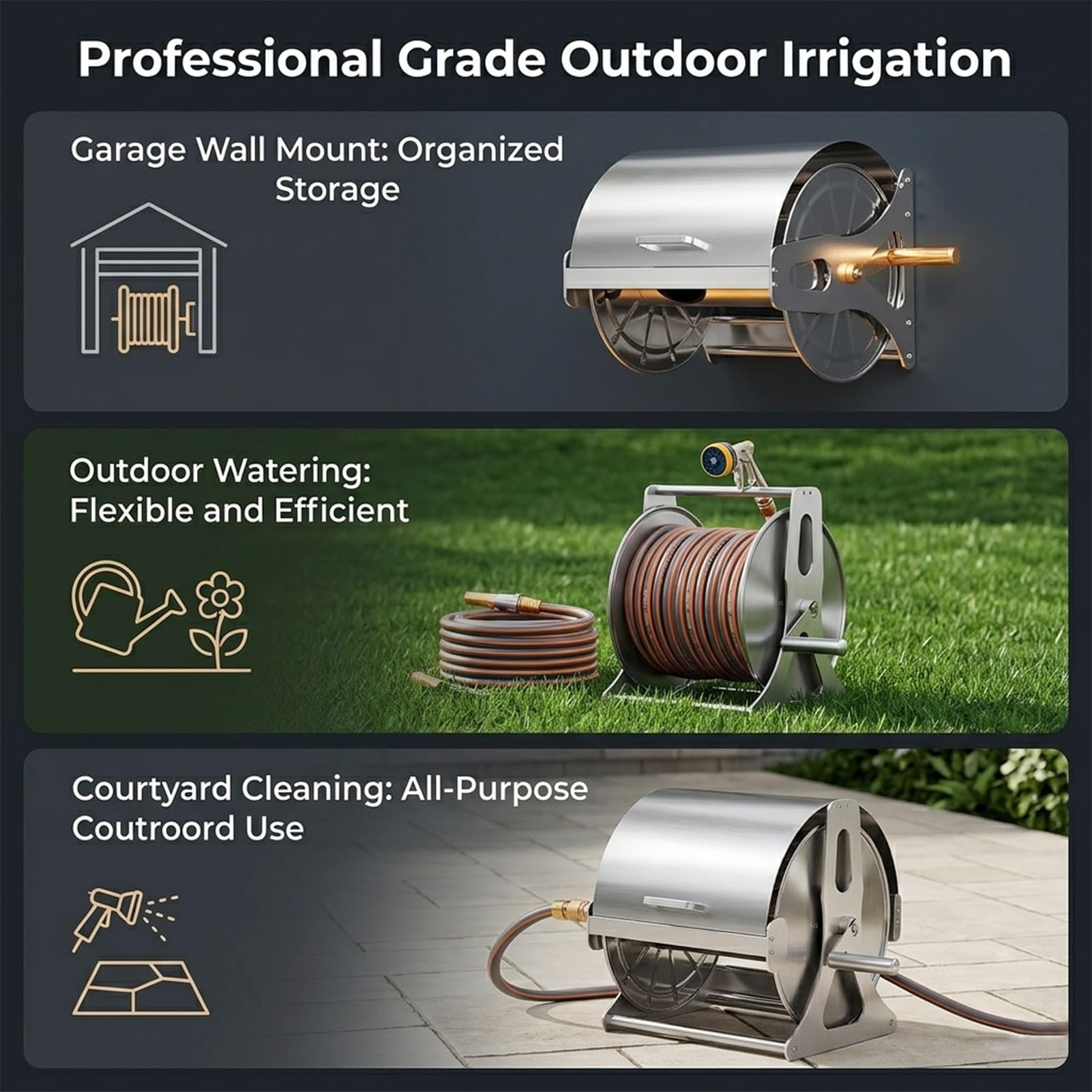 Soporte Manual para Manguera de Jardín, Enrollador de Aluminio Robusto, Capacidad 50m 1/2", Recogida Fácil para Riego Profesional y Uso Doméstico(Without Lid)