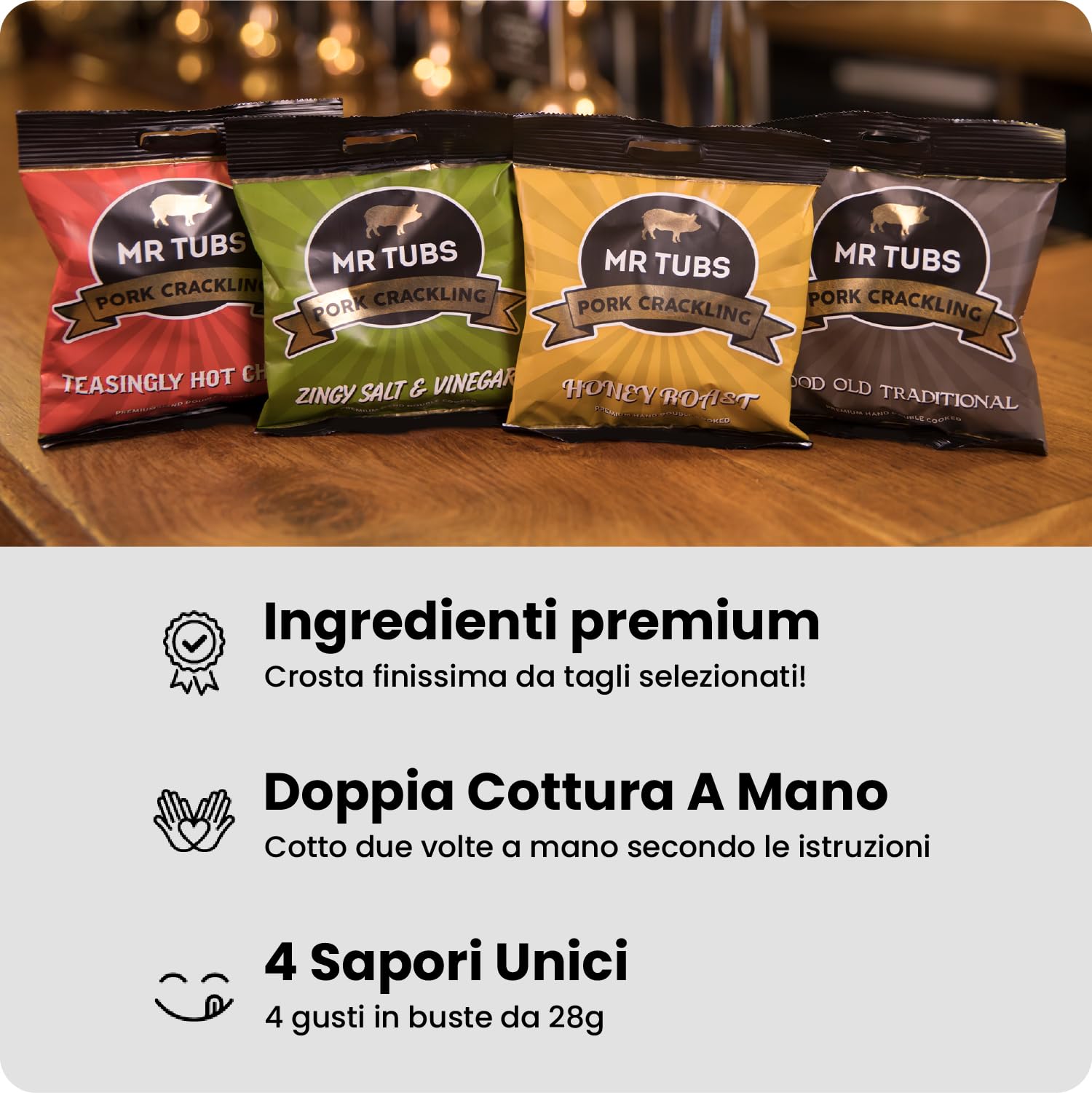 Ciccioli di Maiale di Qualità Mr Tubs Cotti due Volte - Pacchetti In Alluminio di Sapori Diversi - Ciccioli Pregiati e Non Scarti d Maiale (12 Sachets, Mixed)