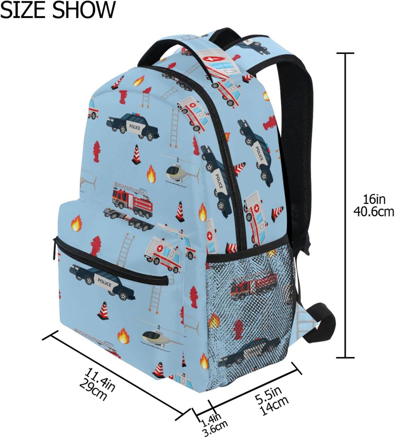 Travel Laptop Backpack Daypack College School Computer Bag Fire Truck Engine Ambulance Police Car Bookbag for Kids, Fits 3 to 6 Years Old