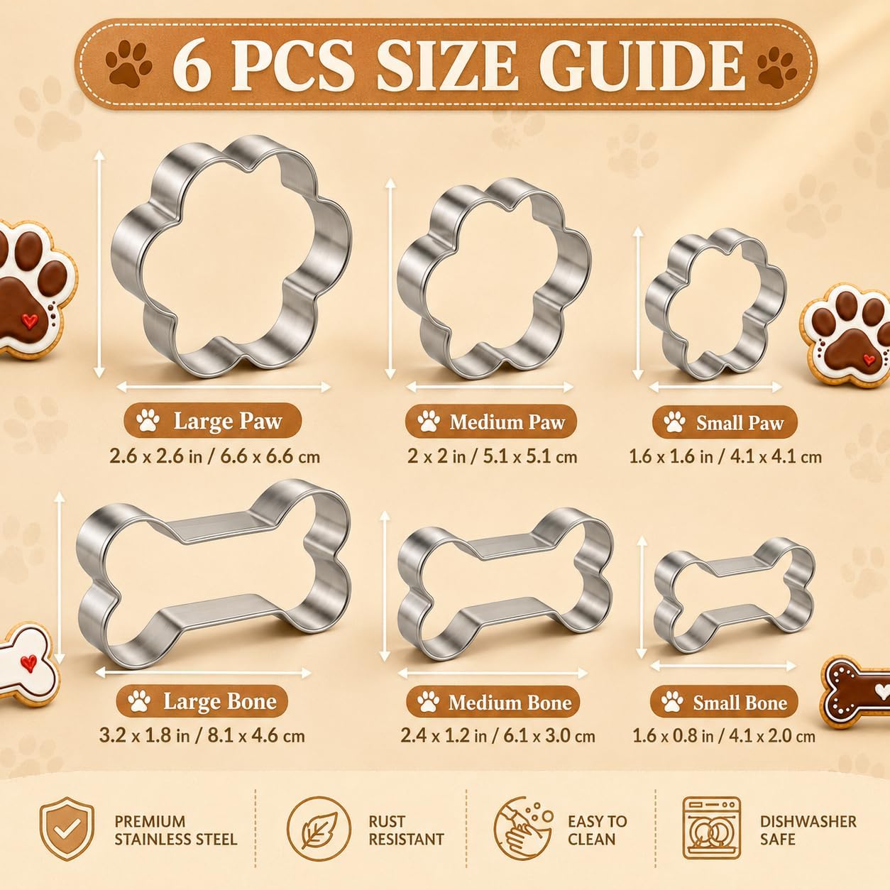 6 PCS Dog Paw&Bone Cookie Cutter Set, Stainless Steel Biscuit Cutters for DIY Baking Fondant Cake Molds Dog Treats, Bones 3 Size-2.6/2/1.6IN, Paw 3 Sizes-3.2/2.4/1.6IN image 2