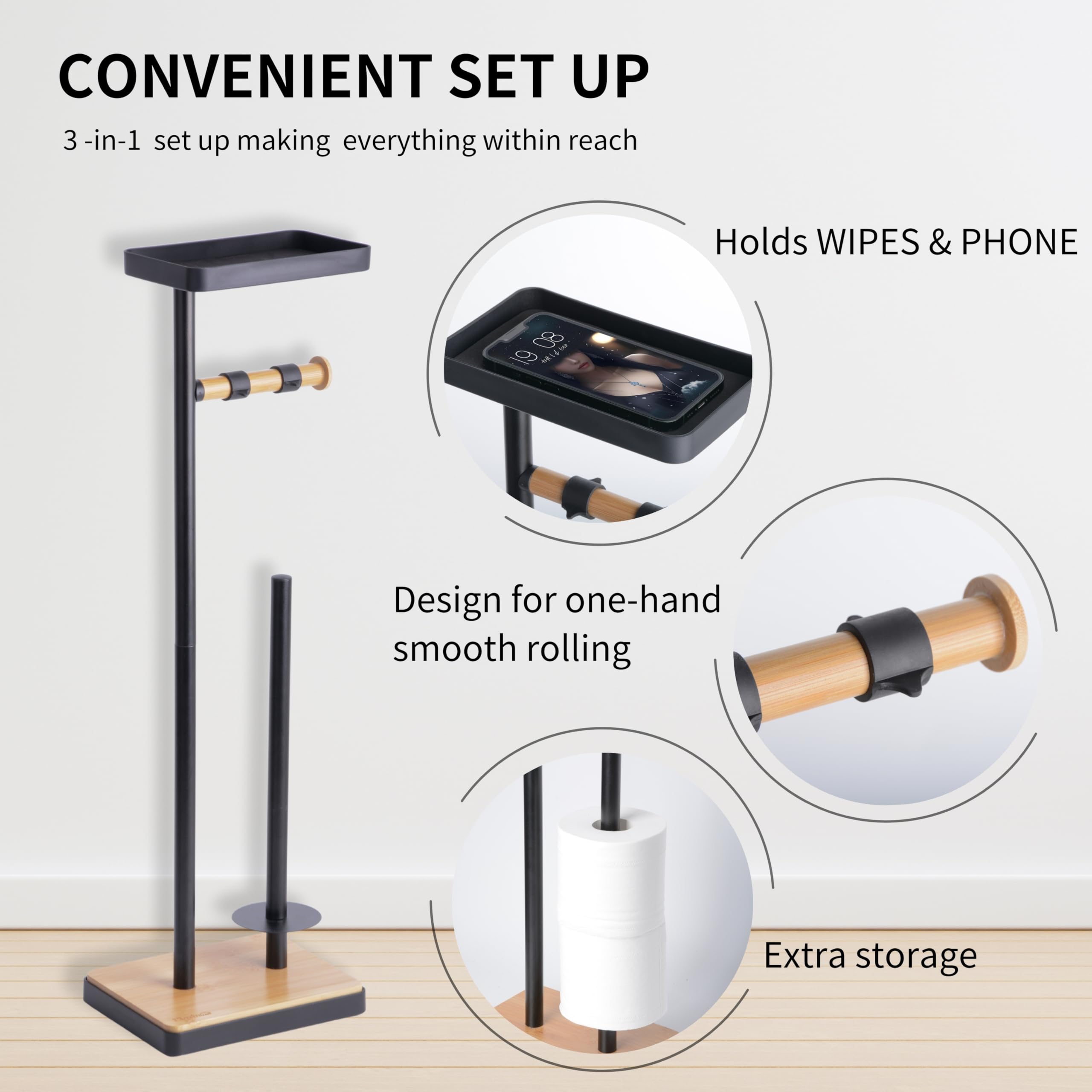 Clasin Home TY6499XA - Soporte para papel higiénico con almacenamiento y estante superior, base pesada, diseño de bambú, color negro