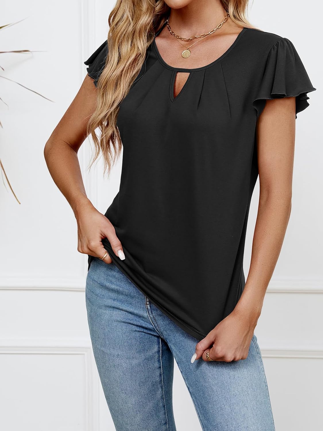 IHOT Womens Summer Tops Ruffle Short Sleeve Casual Round Neck T Shirts Front Pleated Basic Tees Blouses - Image 4
