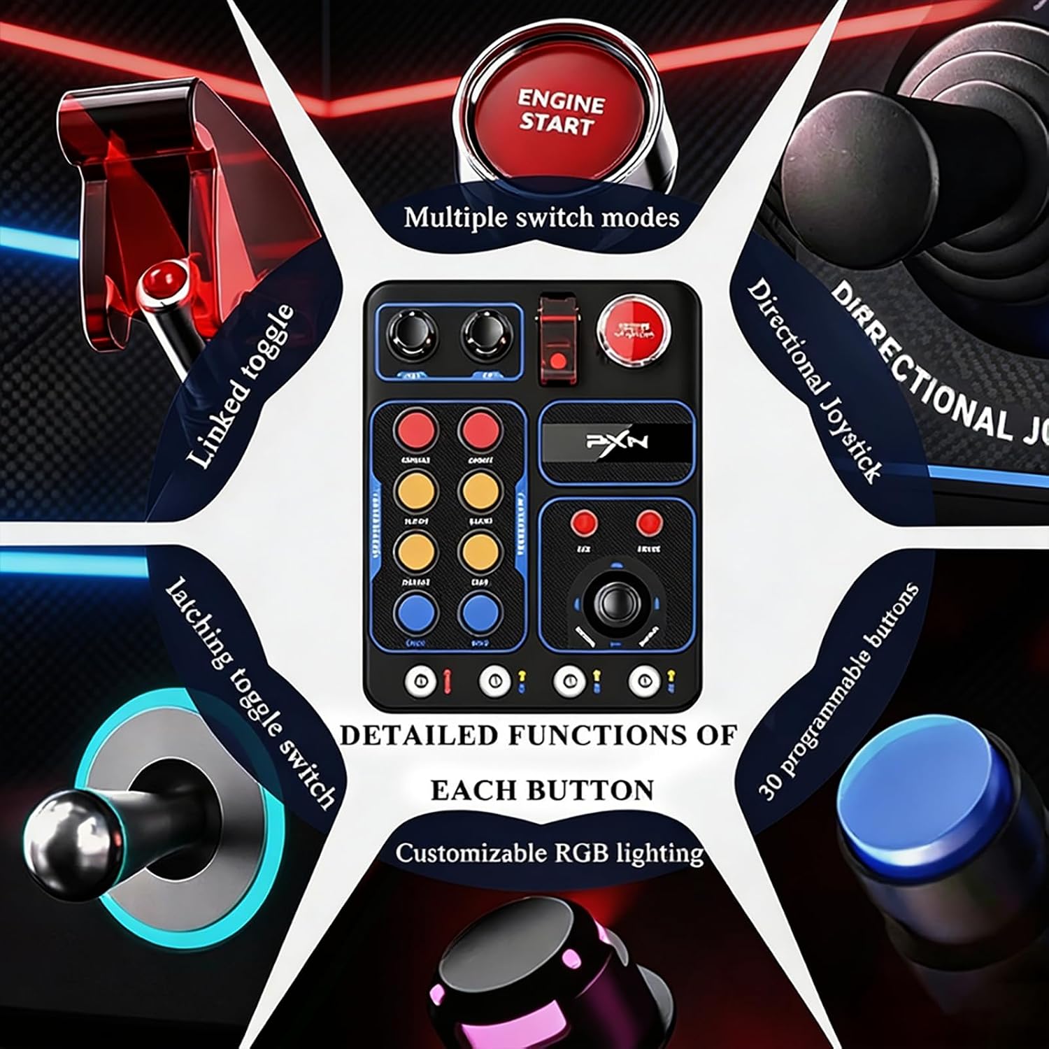 PXN CB1 PC Racing Button Box with RGB, USB Plug and Play | 30 programmable inputs, RGB lighting, ABS housing, desk clamp and VESA mount for racing, truck, flight and farming sims