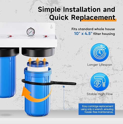 Miniatura 7 de PUREPLUS Sistema de filtración de agua de 2 etapas para toda la casa, reduce el cloro, el olor, los metales pesados, hierro, manganeso, carcasa de