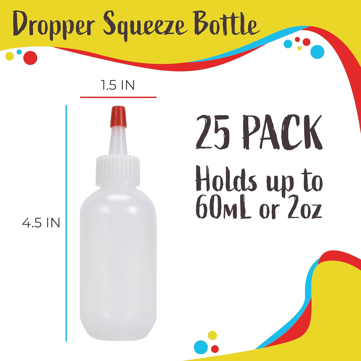Plastic Boston Round Squeeze Bottles, 2oz/60mL Dropper with Yorker Red Tip Caps, 25 Pack Squirt & Condiment Bottles for Liquids, for Crafting & Paints, Sauces, Dressing, Oil, Honey