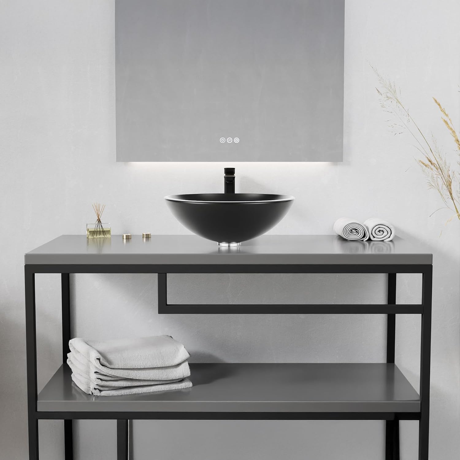 ANZZI Vessel Sink Matte Black,Tempered Glass Vessel Sink, Elegant & Durable, 8.1"W x 13"D x 3.9"H, Nano-Water Coated, Chrome Pop-Up Drain (LS-AZ905MB)