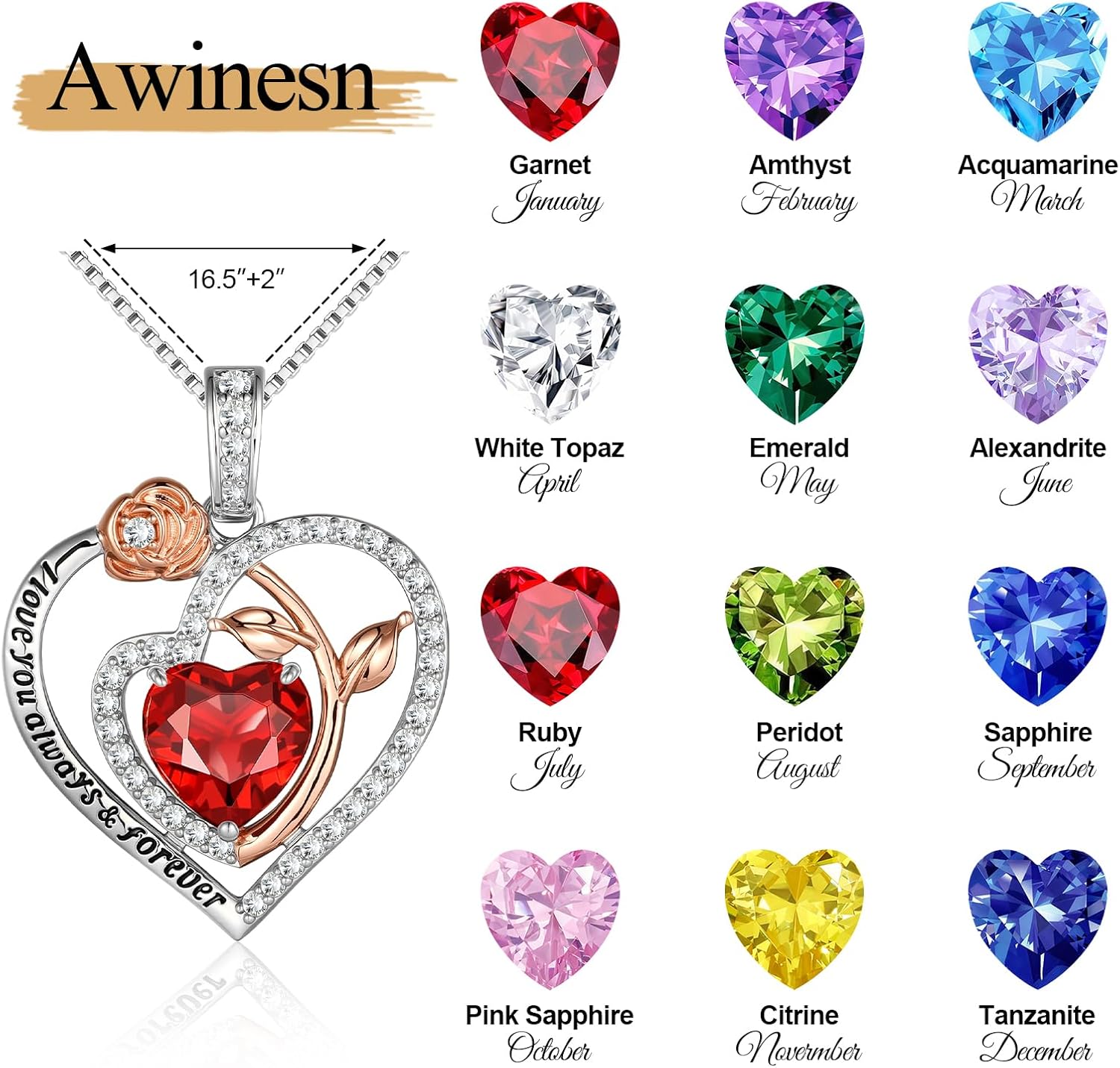 Rose Heart Necklaces for Women Birthstone Pendent Necklace Gifts for Women Jewelry Anniversary Birthday Christmas Gifts for Her Mom Wife Girlfriend - Image 2