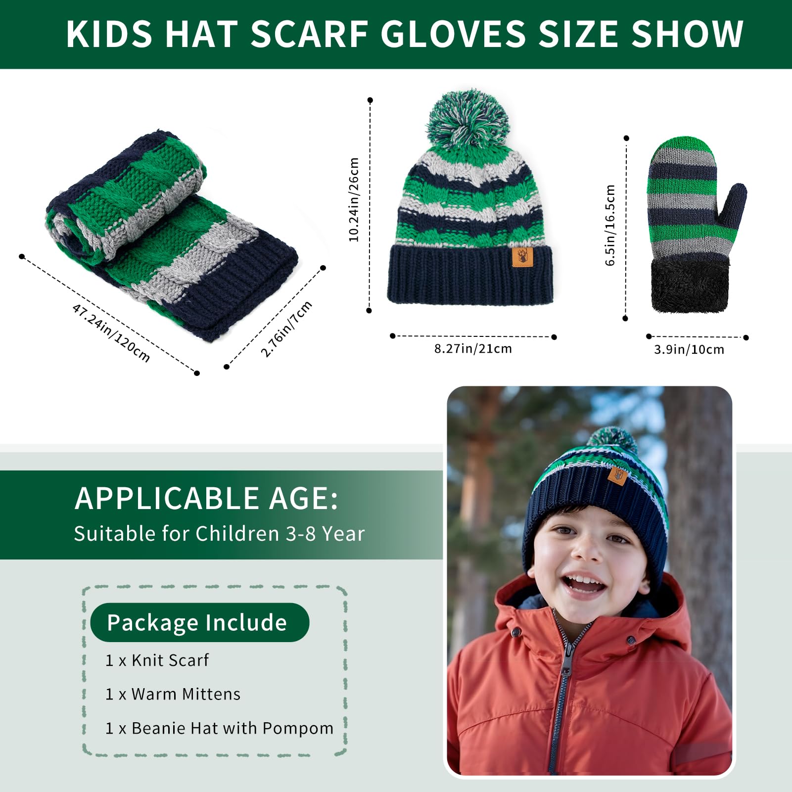 Ensemble Bonnet Écharpe Gants pour Enfant 3-8 Ans Hiver Chaud Tricoté Chapeau avec Pompon Moufles Doux Polaire Épaisse Set pour Garçons Filles