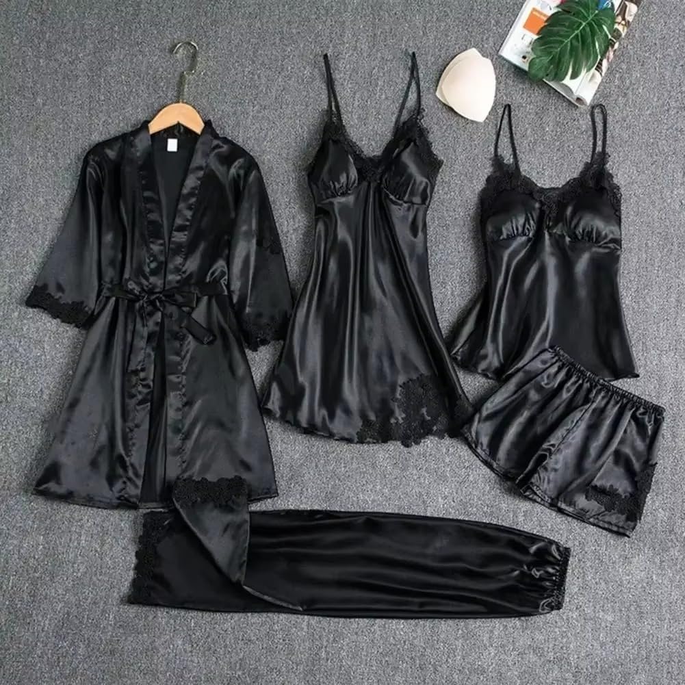 Women's 5-Piece Satin Pajama Set, Lace Robe, Nightdress