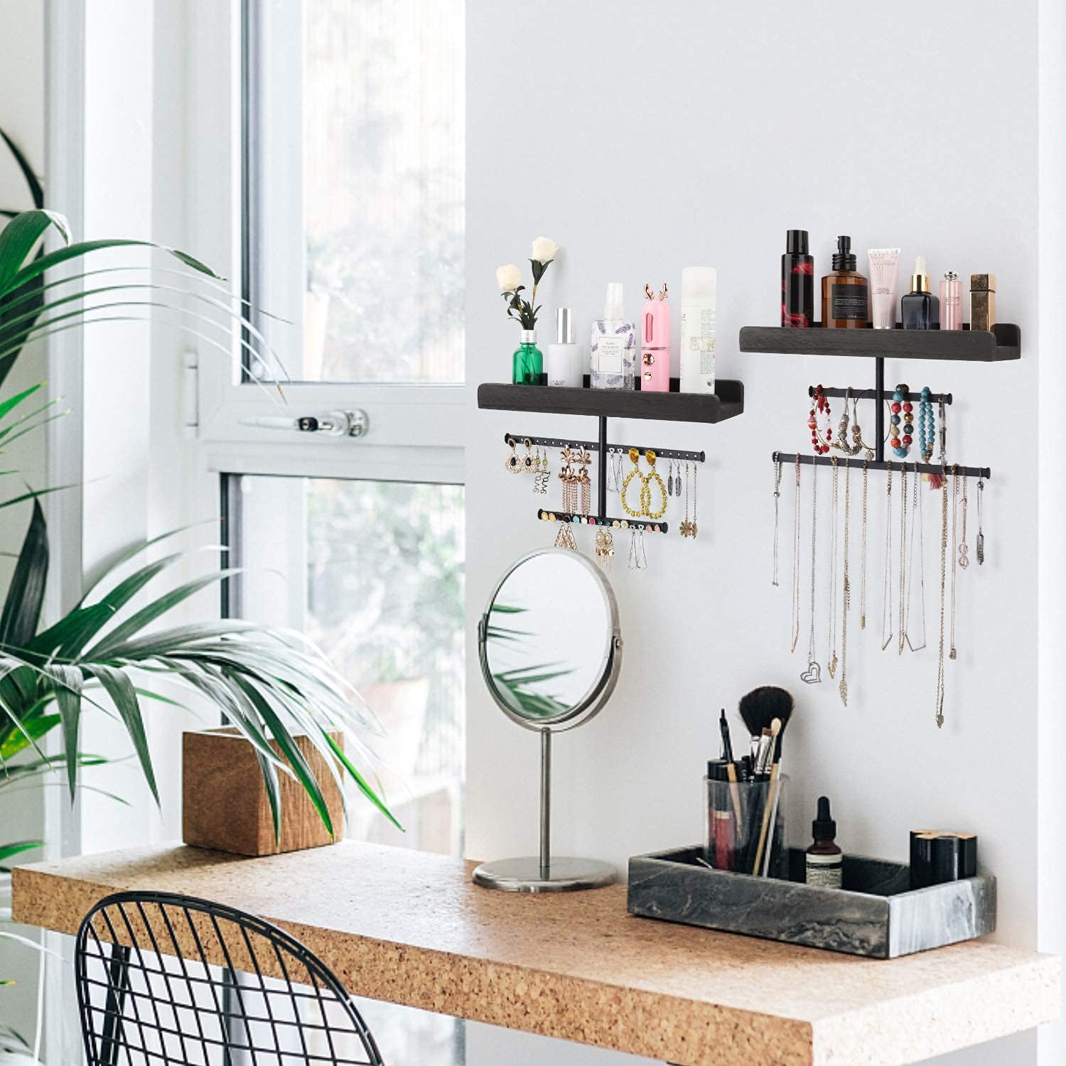 Keebofly Hanging Wall Mounted Jewelry Organizer with Rustic Wood Jewelry Holder Display for Necklaces Bracelet Earrings Ring Set of 2 Black,[Patented]