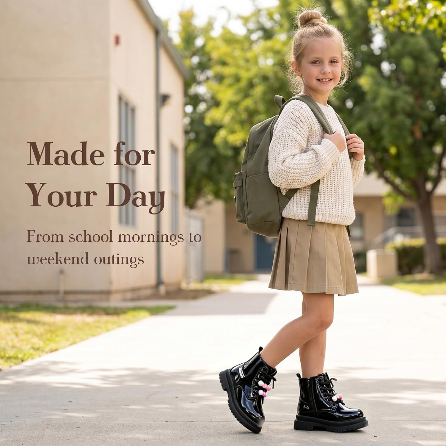 Girls Combat Boots, Patent PU Lace-Up Ankle Booties with Lug Sole | Patent PU, Bead Detail, Lace-Up Closure, Lug Sole, School Outfits, Dress Looks, Toddler To Big Kid, Us Sizes 8-13 & 1-4