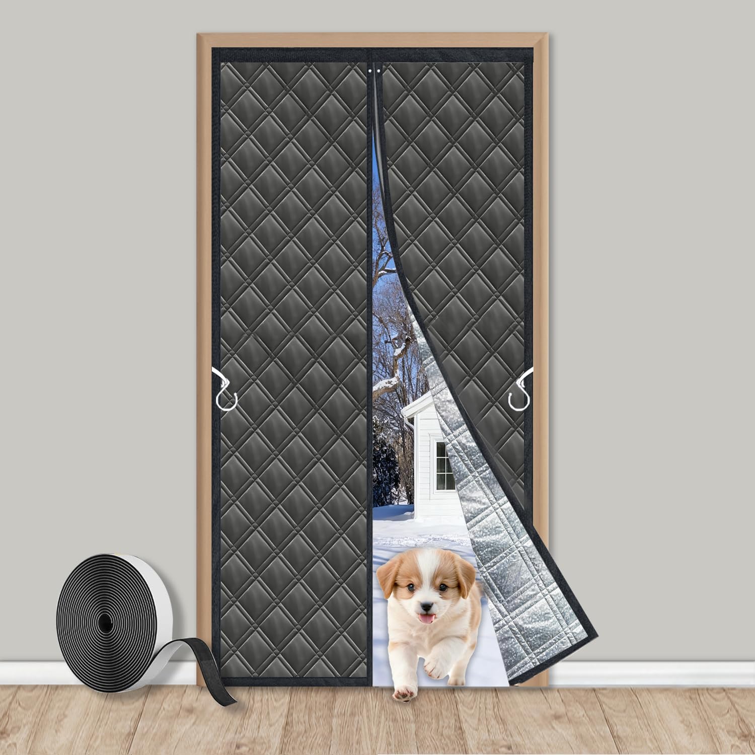 Magnetic Thermal Doorway Curtains for Winter Keep Cold Out 38" X83”3 Layers Aluminum Foil Soundproof Fabric Insulated Door Curtain Magnetic Latch Dog Easier go Through Front Door Velcro Intall, Black