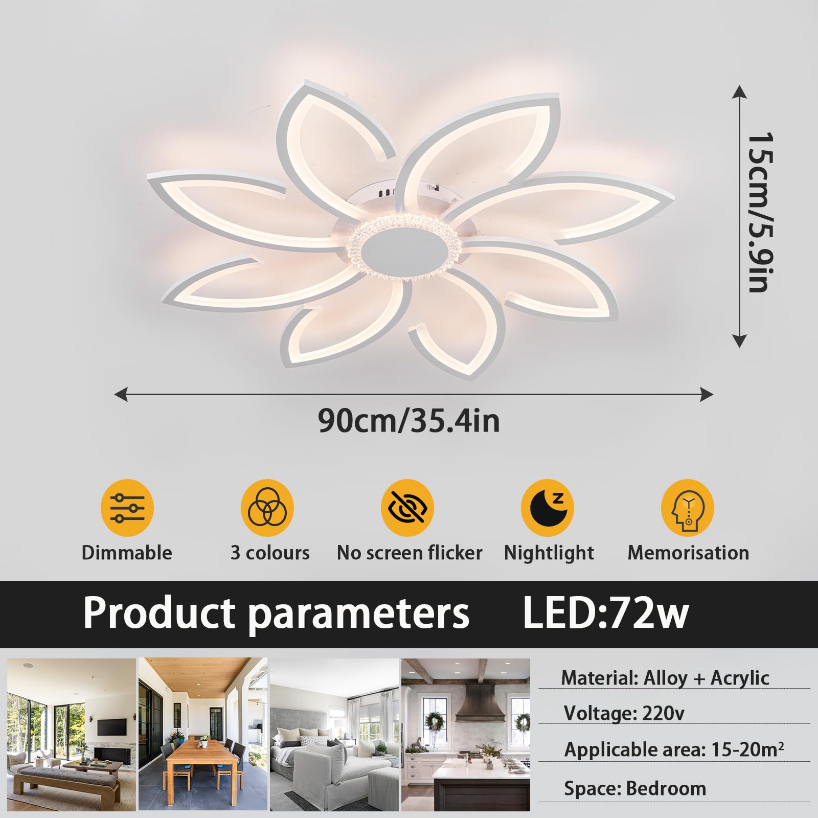7200 Lumenów Lampy Sufitowe Salon Kwiat Nowoczesne Żyrandole Ledowe Lampa Sufitowa 3000K-6000K Ściemnialna Funkcja Pamięci Oświetlenie Sufitowe Miękkie Światło 72W Odpowiednie Do Sypialni