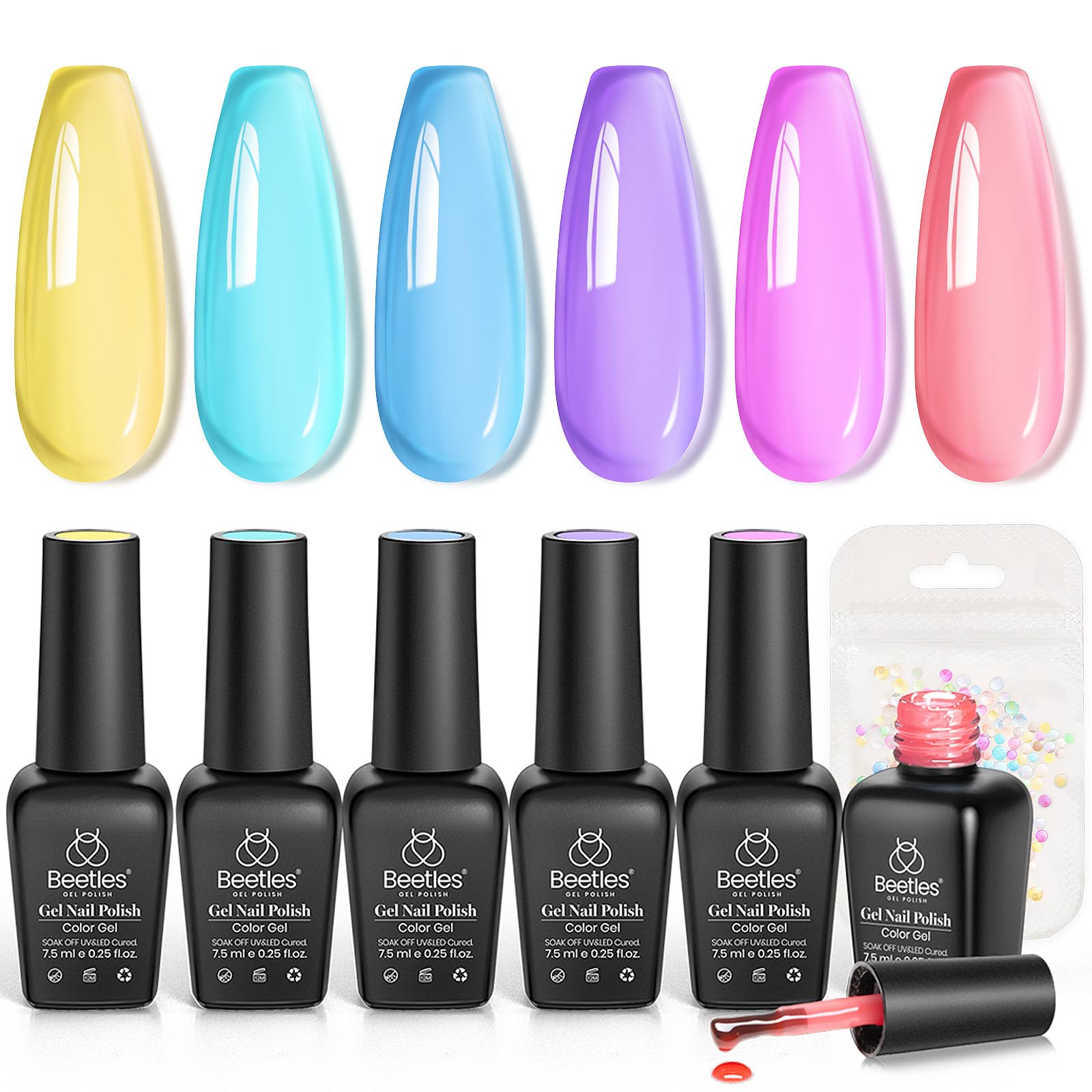 Beetles Pastel Gel Nail Polish Set, 6 Colors Jelly Pink Red Blue Green Purple Yellow Gel Polish kit Spring Summer Crystal Glass Translucent Effect Rainbow French Nail Art Soak Off UV Gift for Women
