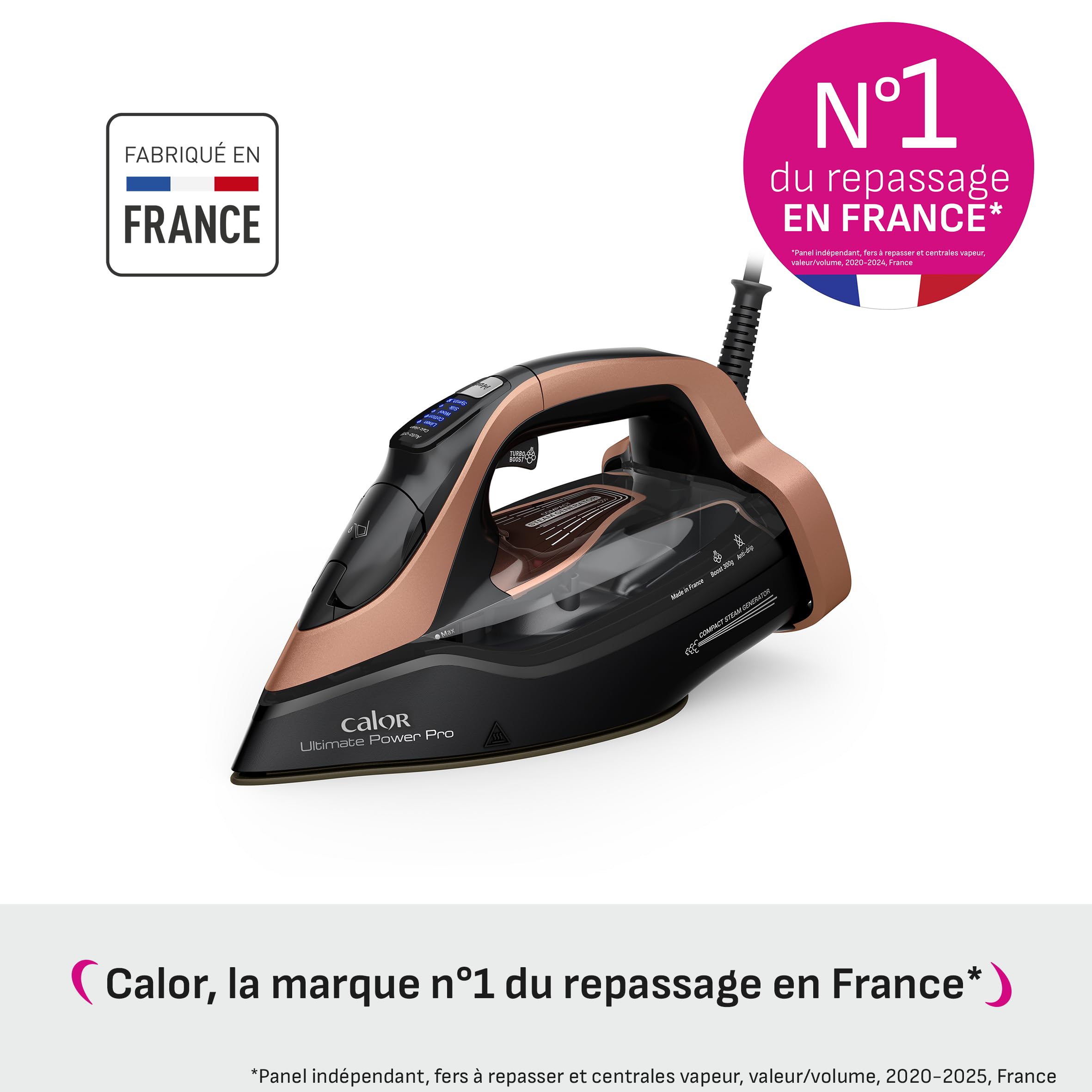 Calor Ultimate Power Pro Fer vapeur, Puissance d'une centrale vapeur, 3200 W, Débit vapeur continu 85 g/min, Fonction pressing 300 g/min, Fabriqué en France, FV9E50C0