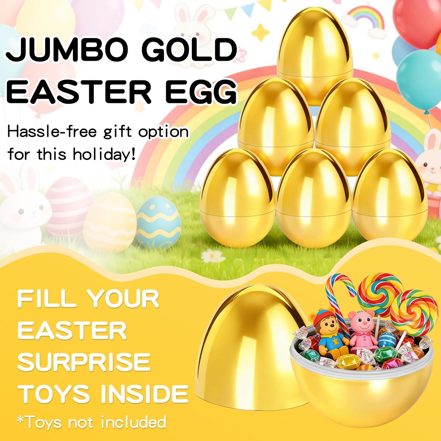 6 Pcs Jumbo Easter Eggs Fillable Metallic Large 6 Inch Gold Plastic Surprise Eggs, Easter Themed Hunt Rewards Basket Stuffers Fillers Filling Treats Party Favor Classroom Prize Supplies