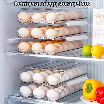 Egg holder for fridge, Egg organizer for refrigerator, Automatic Rolling Egg Container, Egg storage Container Organizer, Clear Plastic Egg Tray, Egg dispenser, Egg rack (Double-layers)