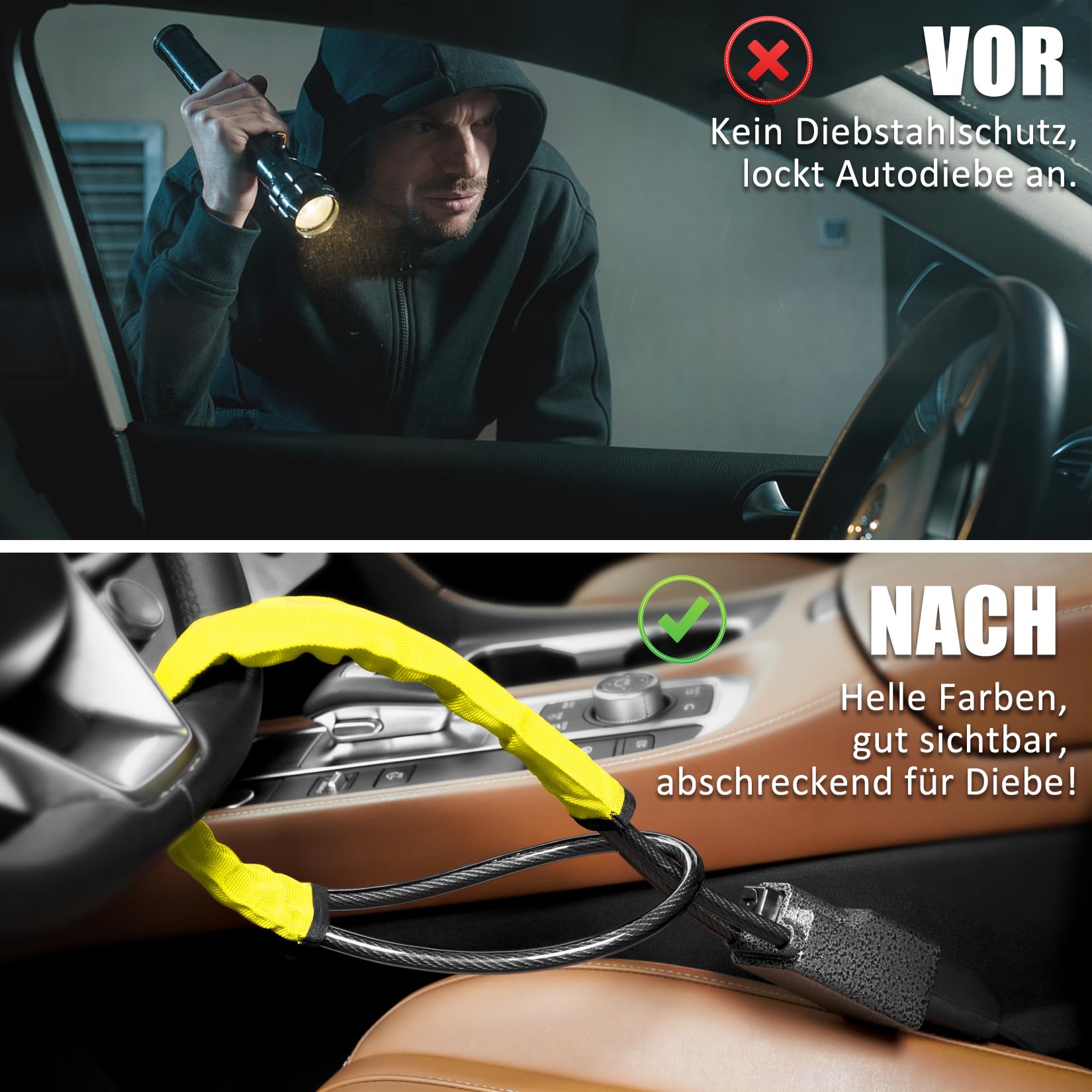 Tevlaphee Lenkradkralle Aufgerüstetes, Lenkradschloss für Auto, Metallkopf, Sichtbares Auto-Diebstahlschutzgerät, Robuste Ausführung, Universelle Passform, 3 Schlüssel (Gelb)