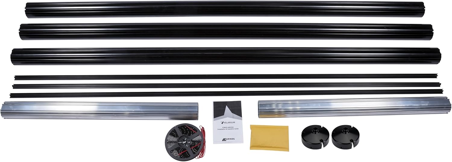 Velarium DIY Cut-to-Fit Roller Tube Assembly, 22' Cut-to-Fit Black Powder Coated Roller Tube, White End Caps, Light Rail and LED Lighting (Range 22' - 15')
