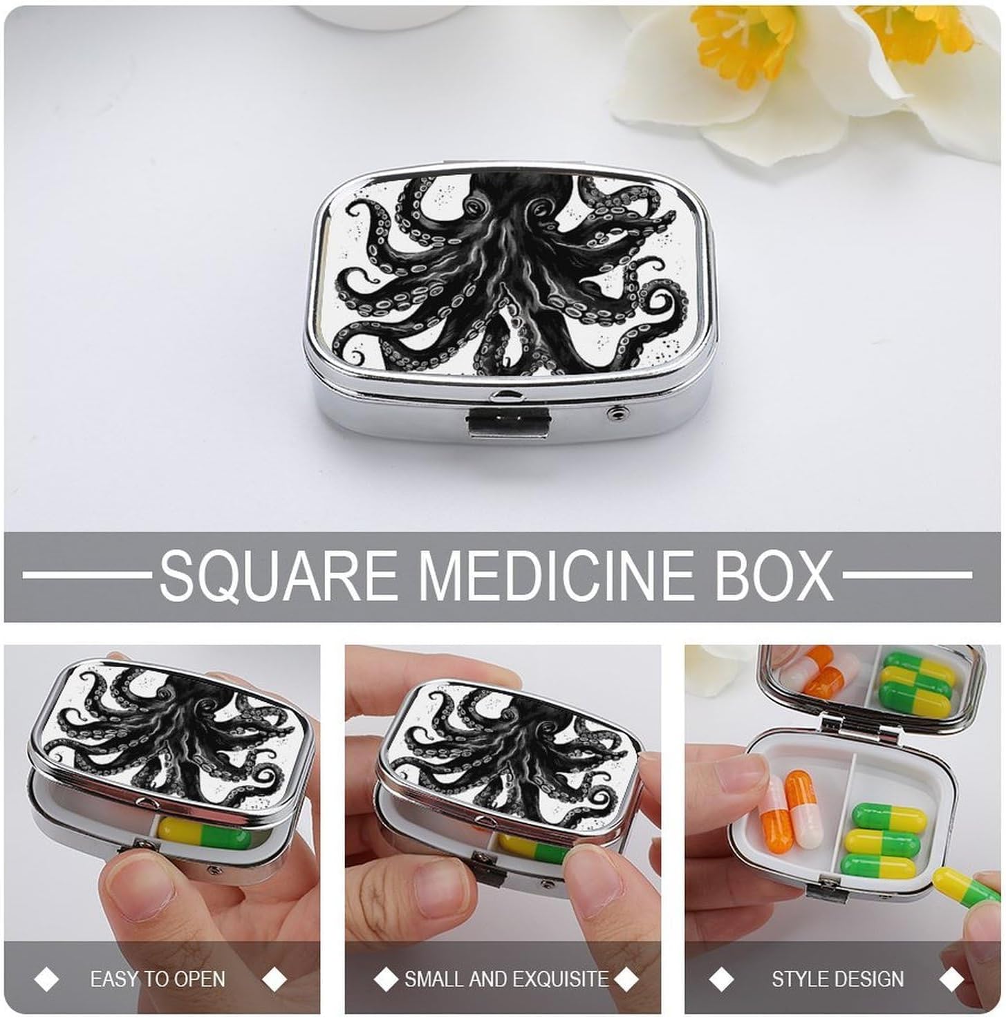Classic Black OctopusSquare Metal Pill Box Portable Dual-Compartment Tablet Organizer Suitable for Travel and Daily Use image 4