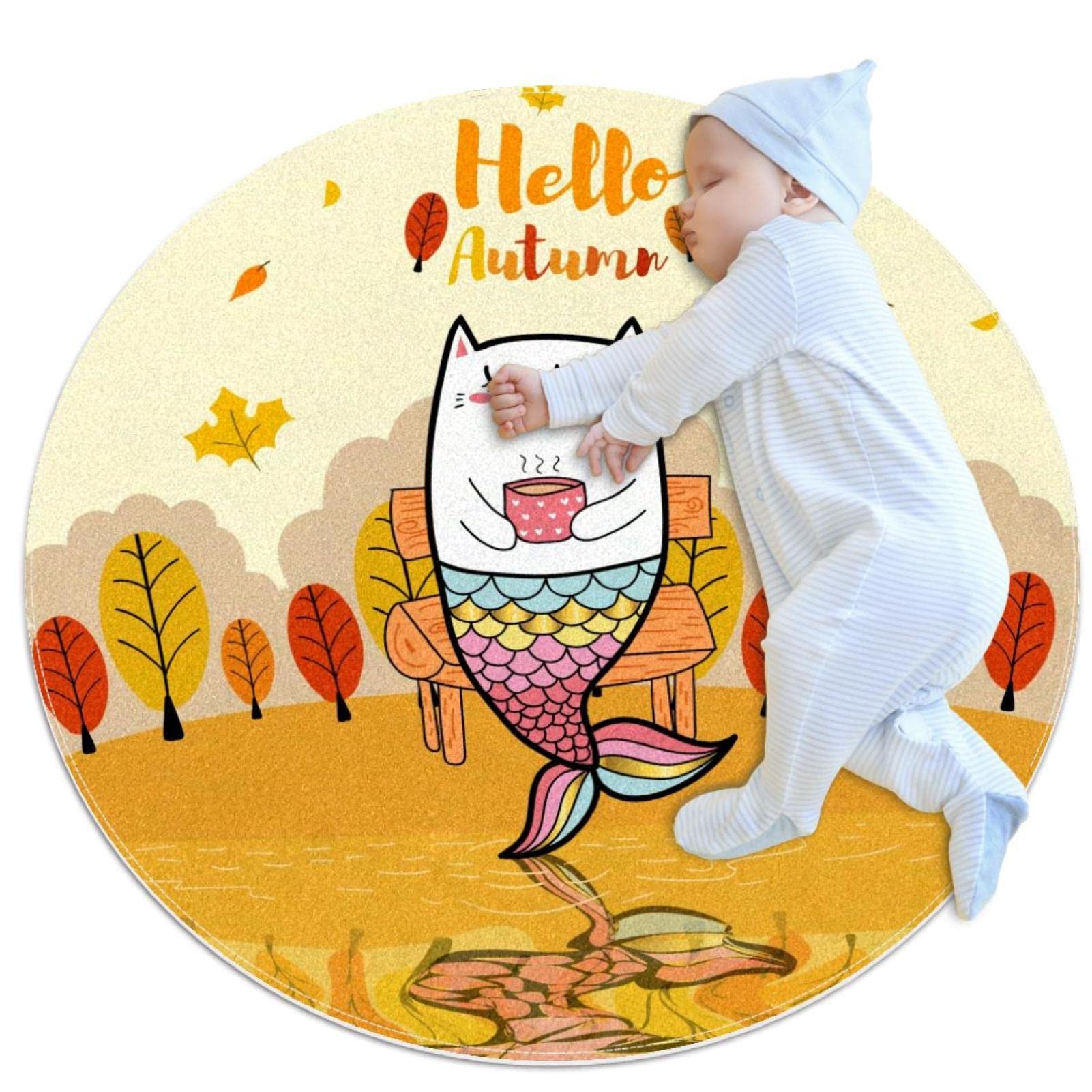 Tapis chat rond JDEZ pour chambre d'enfant motif sirène d'automne 80x80cm