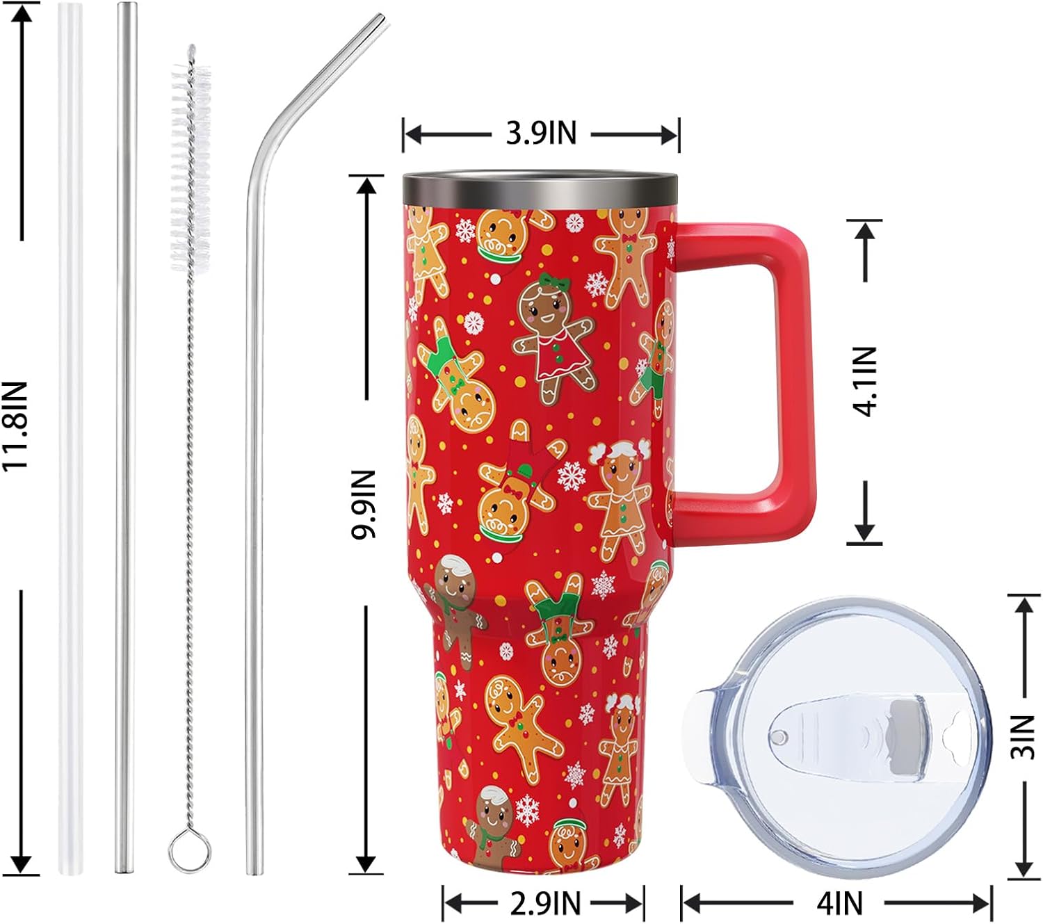 Christmas Gingerbread 40 oz Tumbler with Lid Handle and Straw Merry Christmas Stainless Steel Double Walled Insulated Cup Winter Holiday Xmas Travel Mug Gifts for Men and Women (1PC) - Image 2