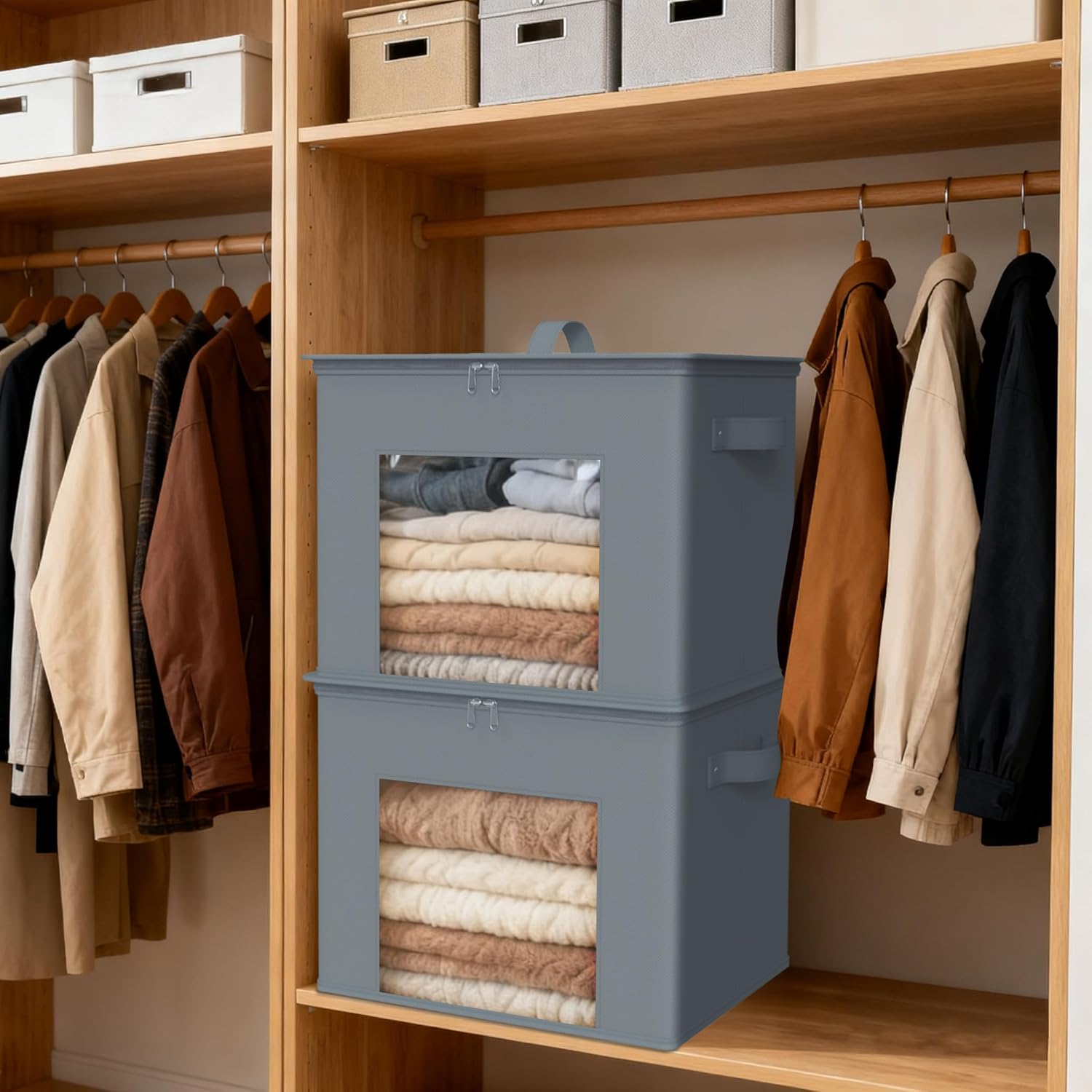 Zilink Fabric Foldable Storage Boxes with Lid 4-Pack Stackable Storage Bins with Zipper & Clear Window Fabric Closet Containers and Organizers for Home, Office, Bedroom (Grey,17" x 12" x 12")