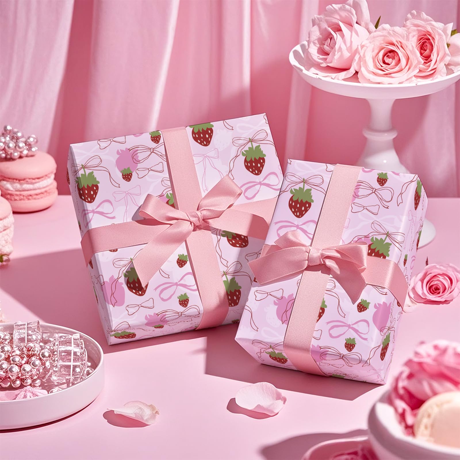 Graduation Wrapping Paper Roll - Pink & Black Cap Design 17x16.4 Feet