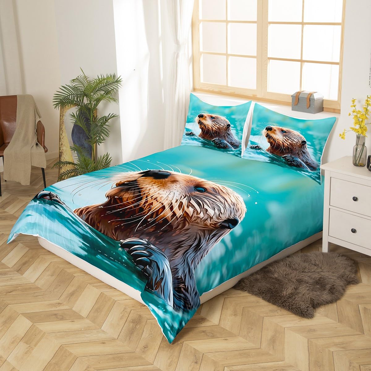 Juego de ropa de cama con diseño de nutria marina, funda de edredón para niños, niñas, temática de la vida marina, colcha con 2 fundas de almohada, 3 piezas de ropa de cama Super King