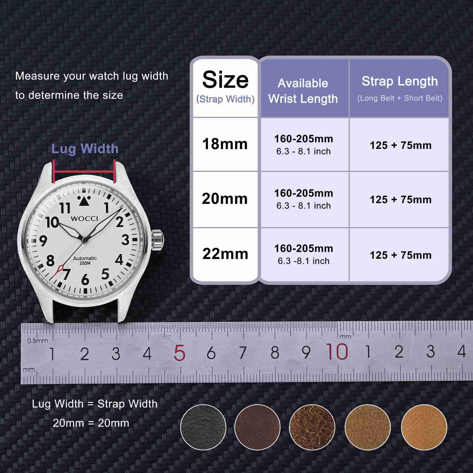 WOCCI Correa de Reloj, Cuero Genuino, Cuero con Forro Oscuro, Liberación Rápida, Ancho de Correa 18mm 20mm 22mm