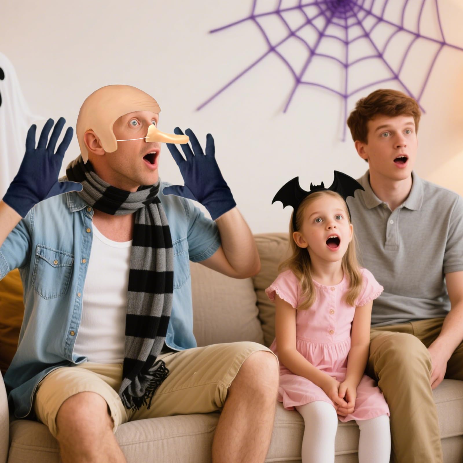 Zestaw 4 kostiumów na Halloween, G-ru dla dorosłych, w paski, siateczka na włosy, sztuczne rękawiczki z długim nosem, zestaw na imprezę Cosplay, Halloween