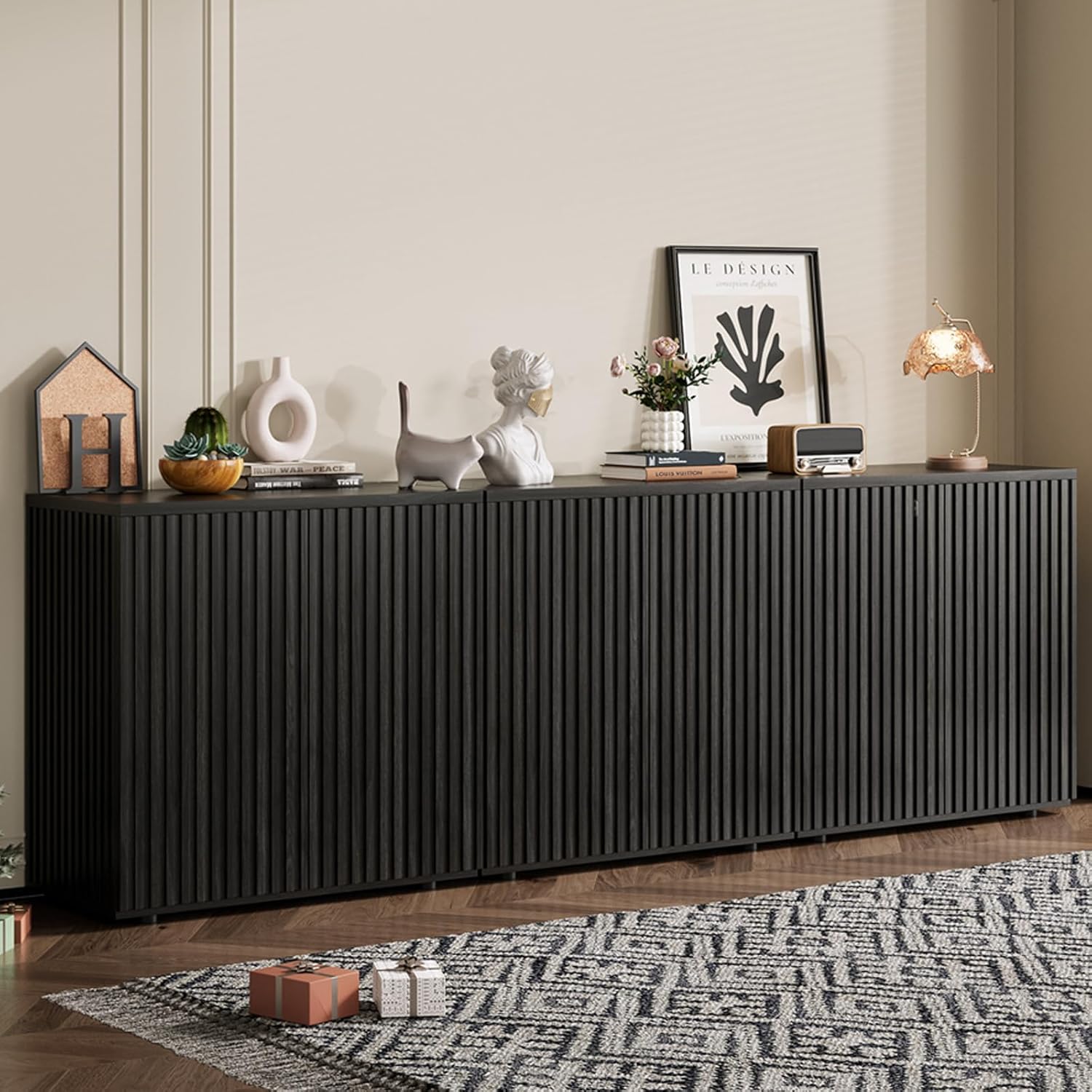 Rophefx Fluted Sideboard Cabinet, 94.5" Buffet Cabinet with Storage, Credenza Storage Cabinets with Adjustable Shelf, Wood Entryway Cabinets with Pop-up Door for Living Room, Entryway, Black Grey