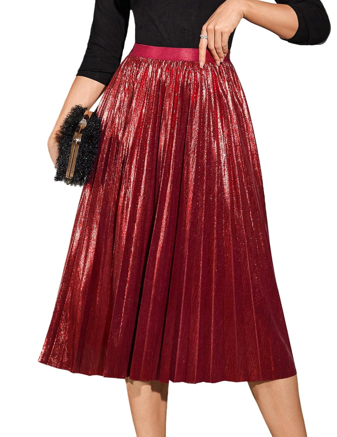 DRESSTELLS Pleated Midi Skirts for Women Long Aline High Elastic Waisted Holiday Party Skirt