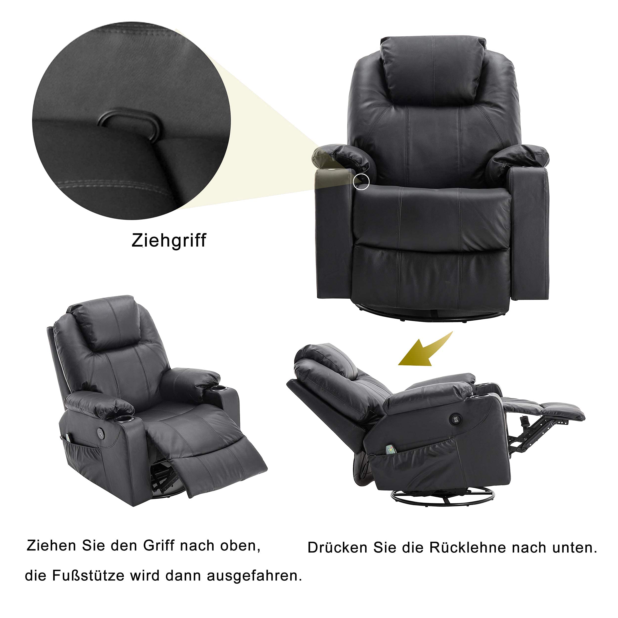 MCombo Fauteuil de Massage en Cuir - Fauteuil TV Relax Pivotant USB