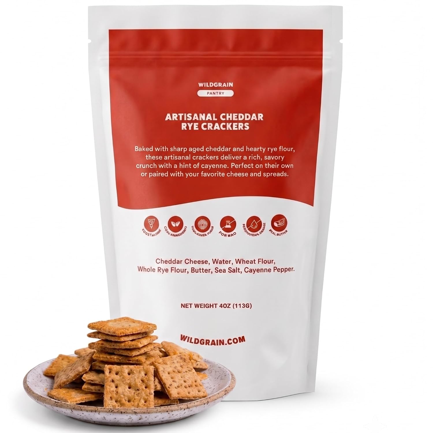 Wildgrain Artisanal Cheddar Rye Crackers, Clean Ingredient Snack, 4 oz