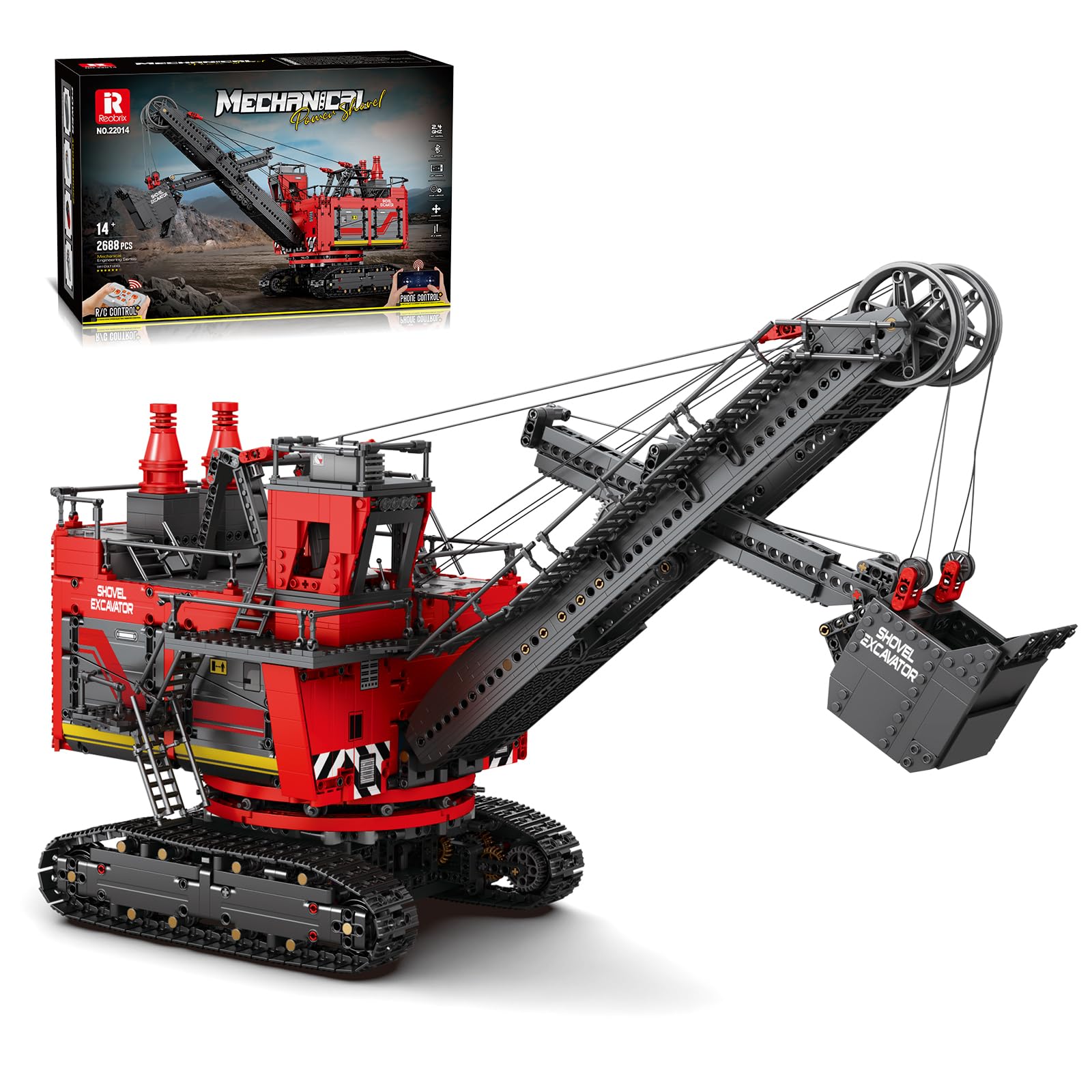 Reobrix RC-Bagger-Bausteinset 22014, App-gesteuerter Bagger-Fahrzeugmodell | Ferngesteuertes Konstruktionsspielzeug,Modell eines Baustellenladers, Geschenke für Erwachsene Kinder ab 14+(2688 Teile)