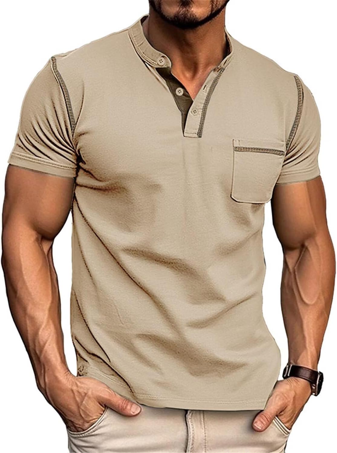 Men's Henley Shirt Lightweight Short Sleeve T-Shirt Casual Stylish Button Cotton Shirt