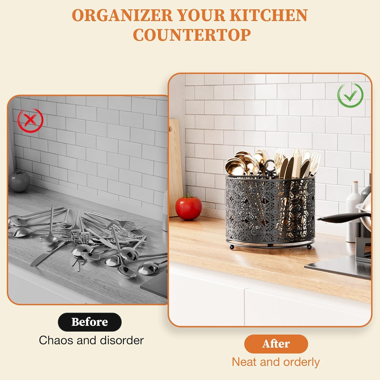 YIUKEA 360° Rotating Utensil Caddy Countertop - Cutlery Silverware Caddy Holder with 4 Compartment - Higher Raised Flatware Organizer with Handle for Party Kitchen Counter Office Black