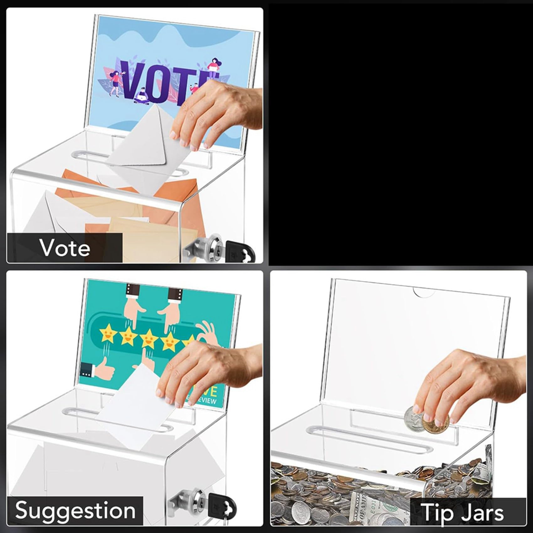 Lot De 2 Boîtes à Dons / Suggestions Acrylique Transparent Avec Serrure – Urne Collecte Fonds, Tombola, Vote École Bureau 15,7x11,5x10cm