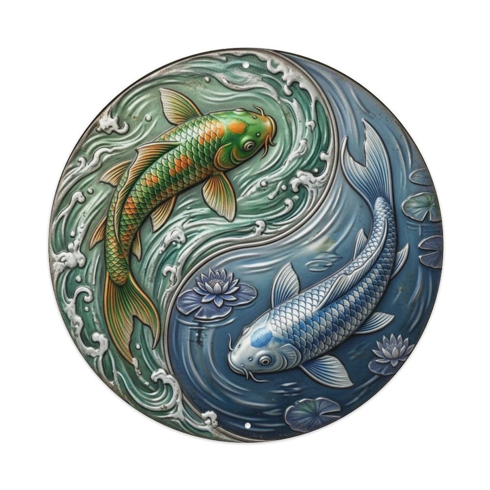 Fqcyn Style River Lake Stillness Koi Yin Yang Metal Tin Sign Plaque Wall Decor For Cafe, Club Bar, Office, Home Garden Round Metal Poster 8X8inch